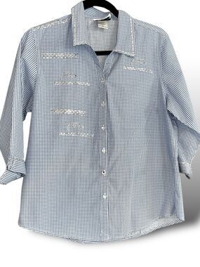LANIE NEW YORK Navy Blue Gingham Bling Dolphin Design Blouse Size Small